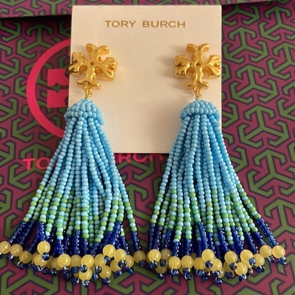 TORY BURCH ROXANNE BEADED TASSEL EARRING BLUE/YELLOW BEADS NEW WITH PACKAGE - Picture 3 of 5